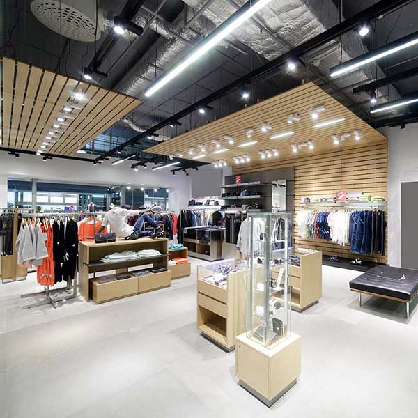 Showroom with multiple clothes hanging
